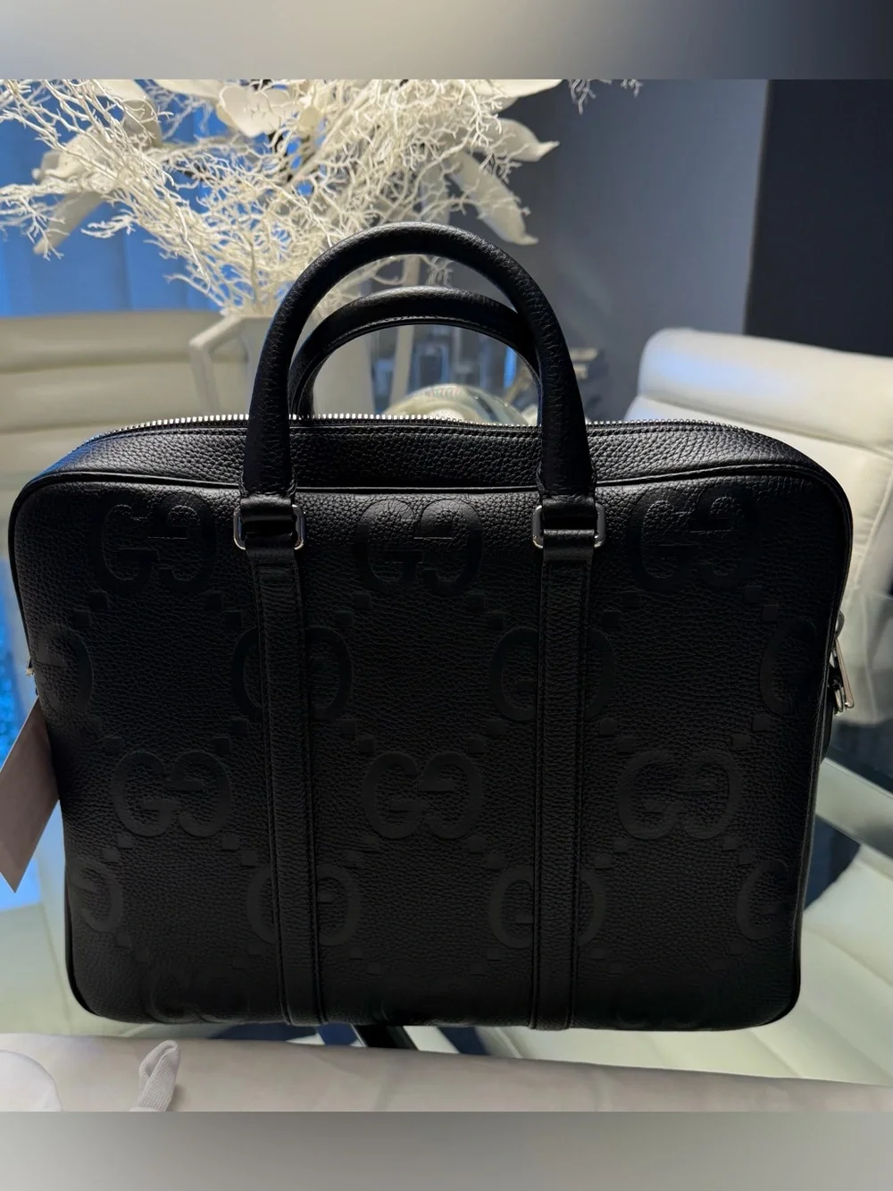 Gucci Black Embossed GG Leather Briefcase with Detachable Strap